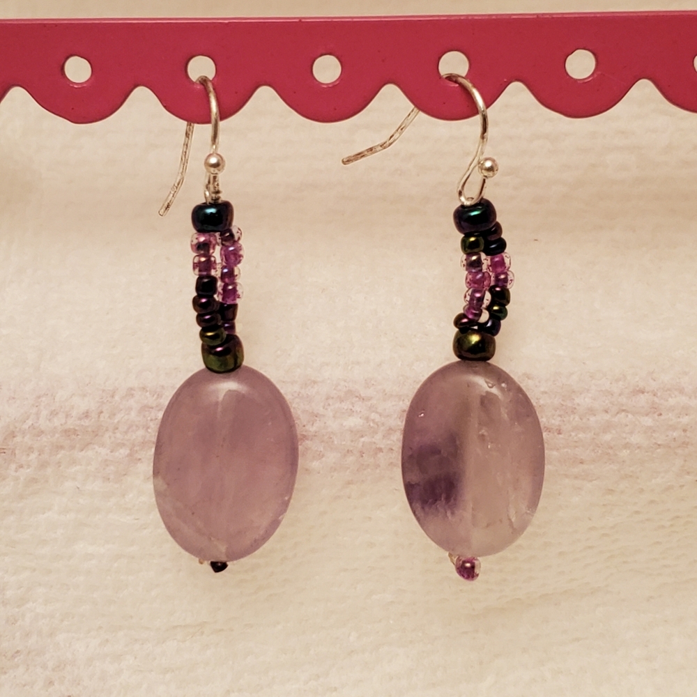 Amethyst Large Nugget Earrings W Purple Beaded Dangle Handmade